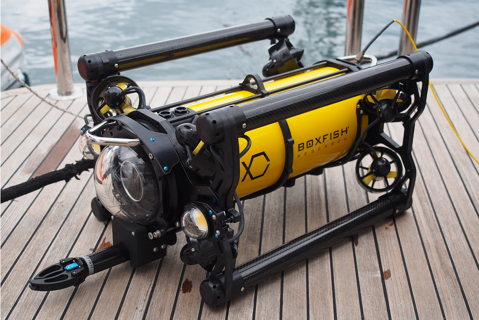 Boxfish ROV pictured on the deck of a marine leisure boat